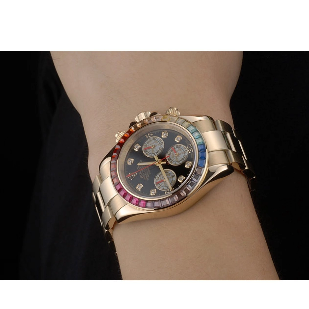 MiroTime 0719 Rolex Daytona Cosmograph Rainbow Crystals Bezel Rose Gold Strap Black Dial 80251